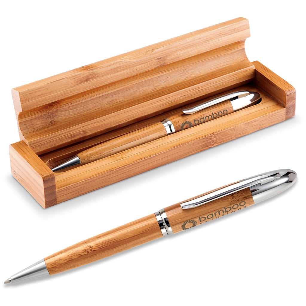 Bamboo pen with silver accents in a wooden box on a white background

