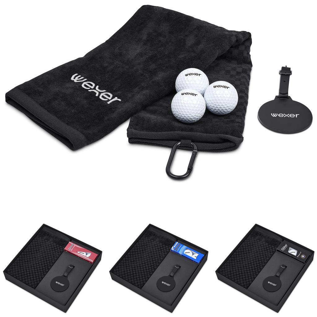 Golf towel, golf balls, golf tees, and golf divot tools with 'wexer' branding on a white background.


