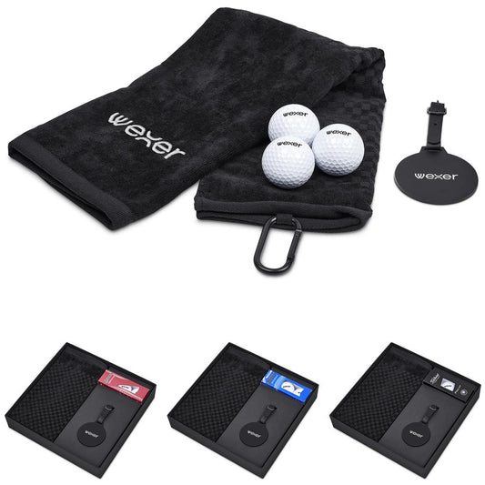 Golf towel, golf balls, golf tees, and golf divot tools with 'wexer' branding on a white background.

