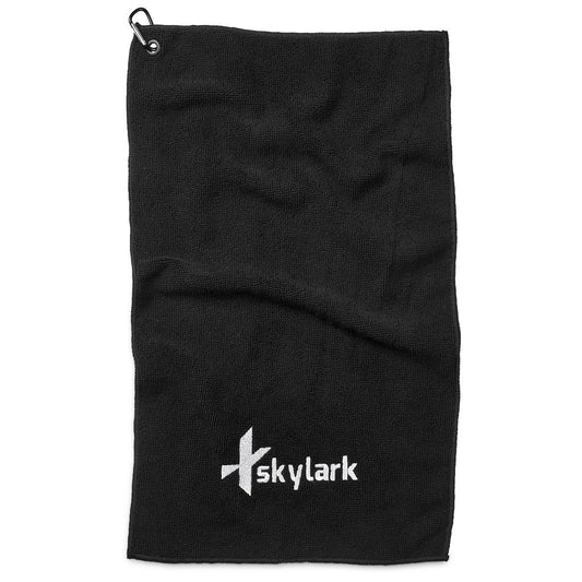 Black towel with Skylark logo on a white background

