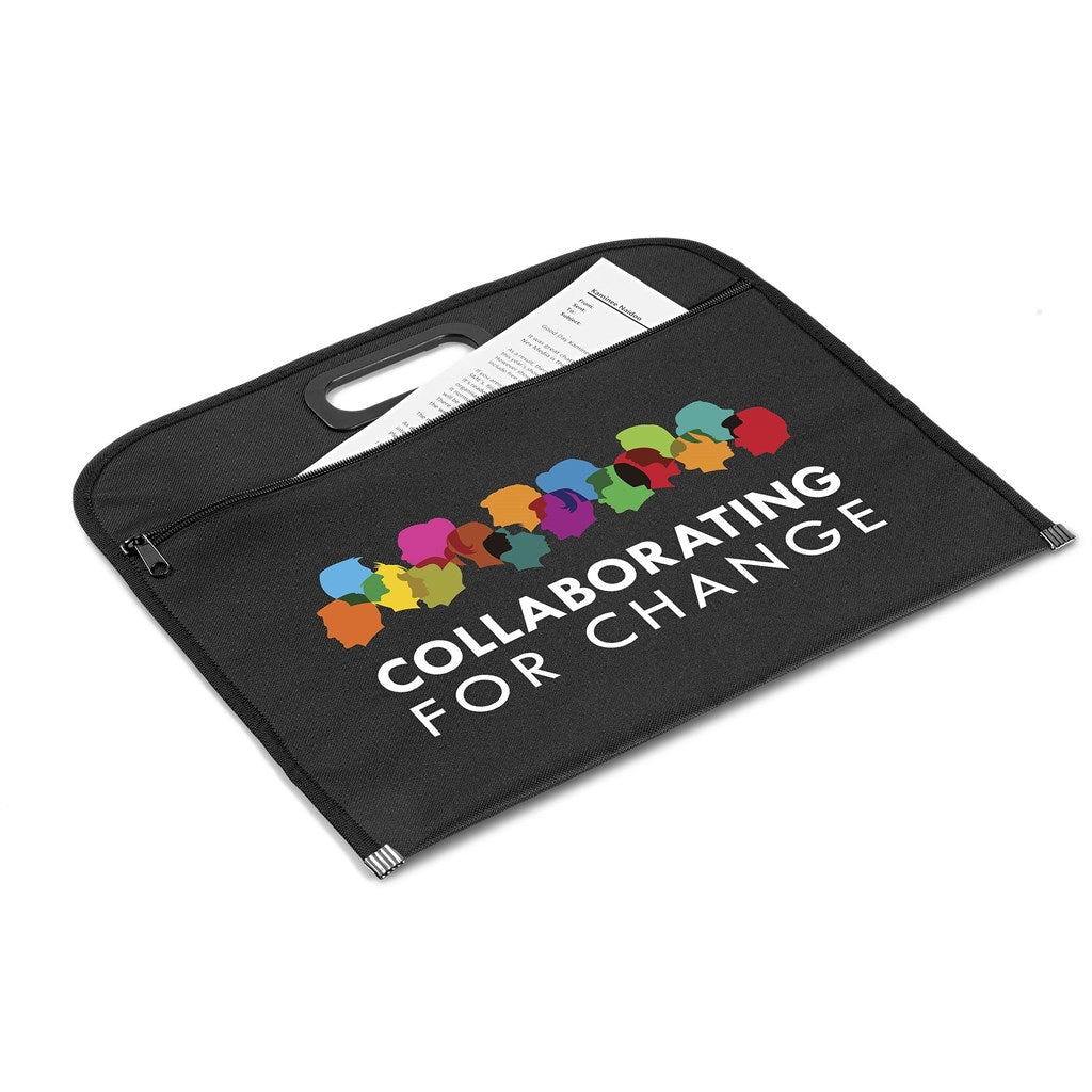 A black zippered document pouch with a handle, featuring a colorful graphic of stylized heads and the text 'COLLABORATING FOR CHANGE' in white. A white paper sheet is partially tucked into the top pocket, set against a plain white background.

