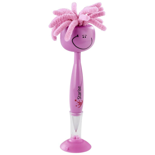 Pink Starise suction cup toy with a smiling face on the top ball and fluffy pink hair, shown on a white background.

