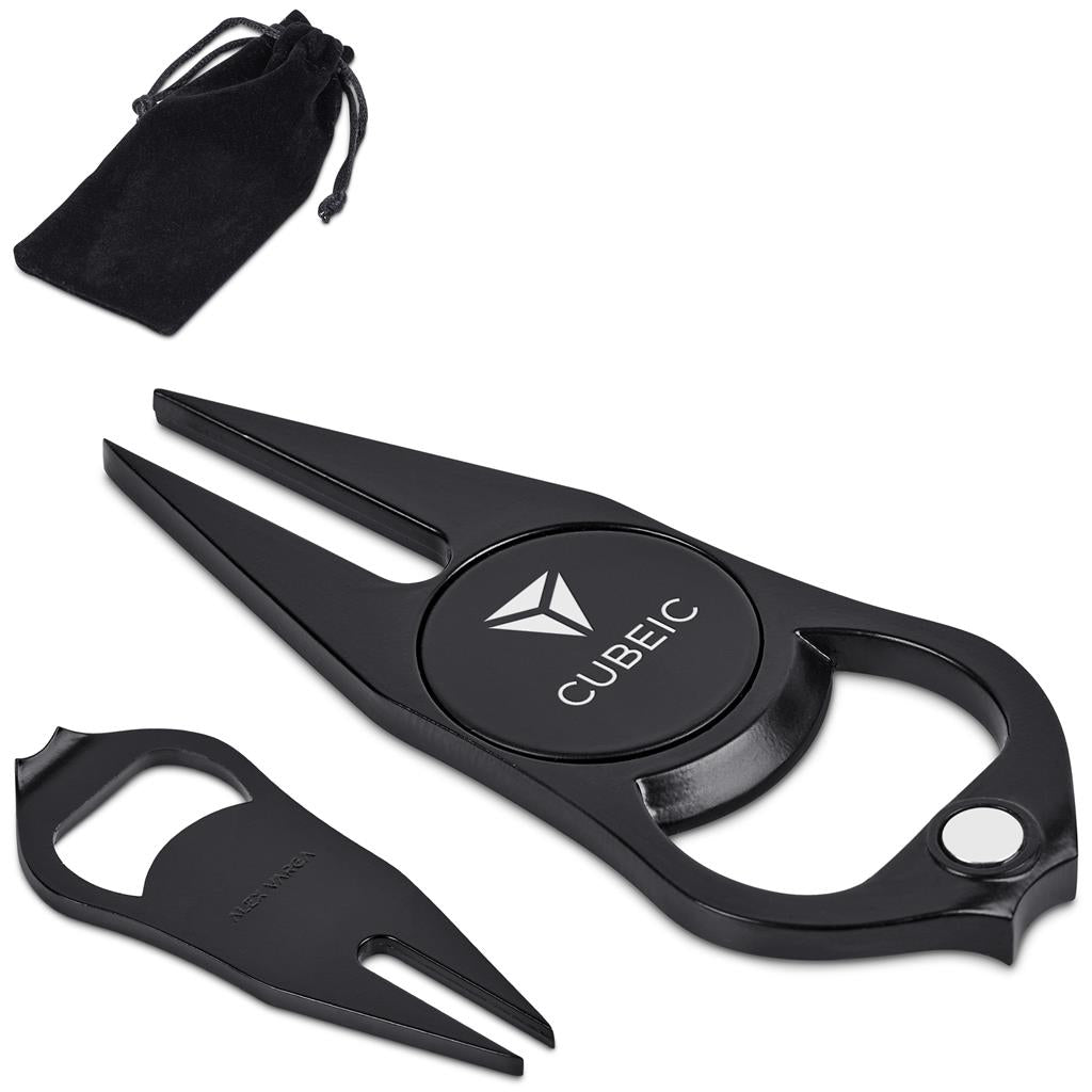 Black CUBEIC divot tool with cap remover on a white background

