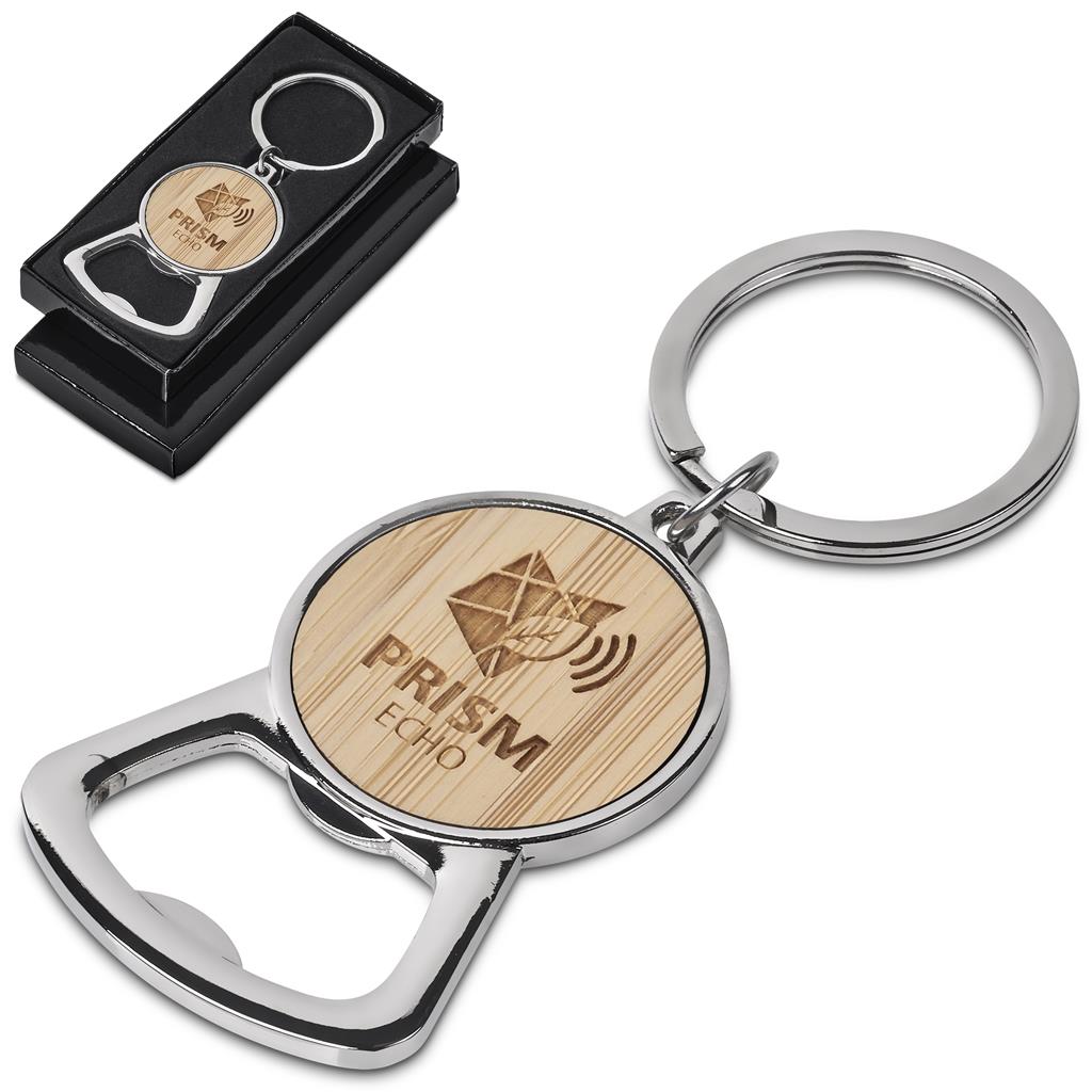 Wooden bottle opener keychain with metal ring and 'Prism Echo' branding on a white background.

