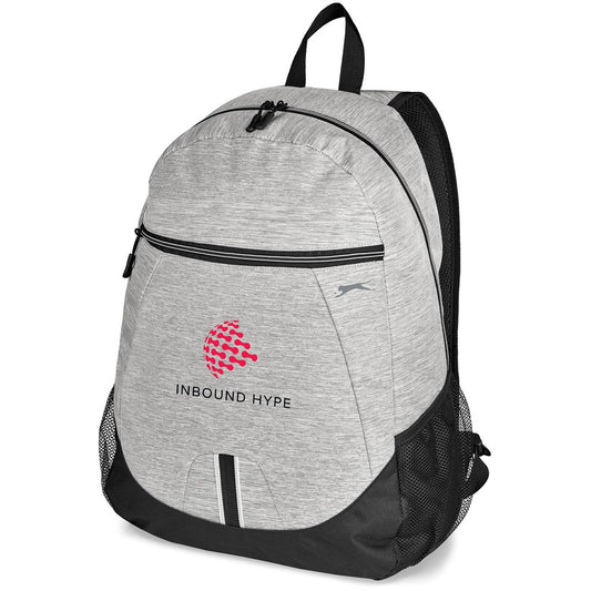 A heather gray and black athletic backpack with a red and black 'INBOUND HYPE' logo on the front pocket, shown on a white background.

