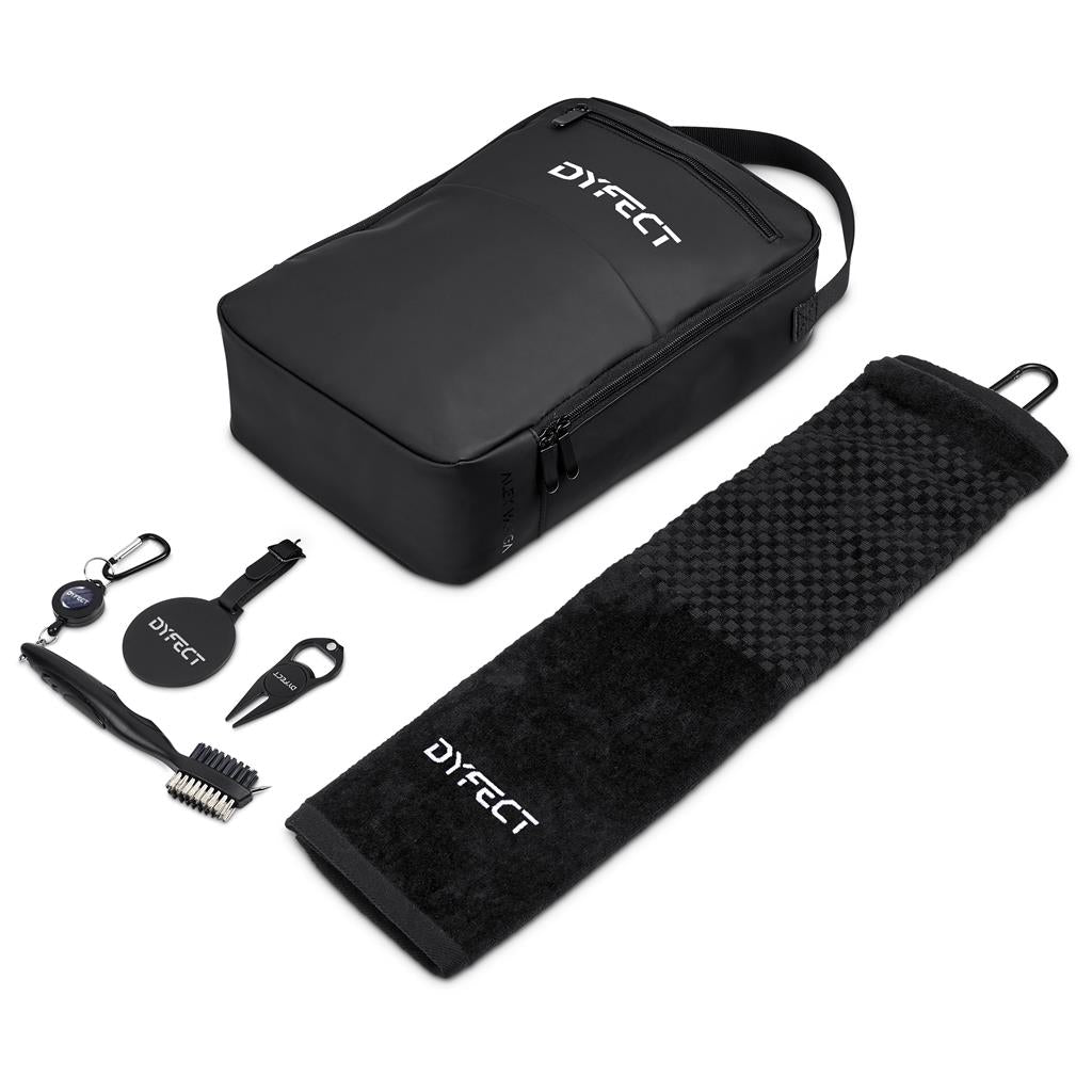 Black grooming kit with various tools and a towel, featuring the Dyfect brand.


