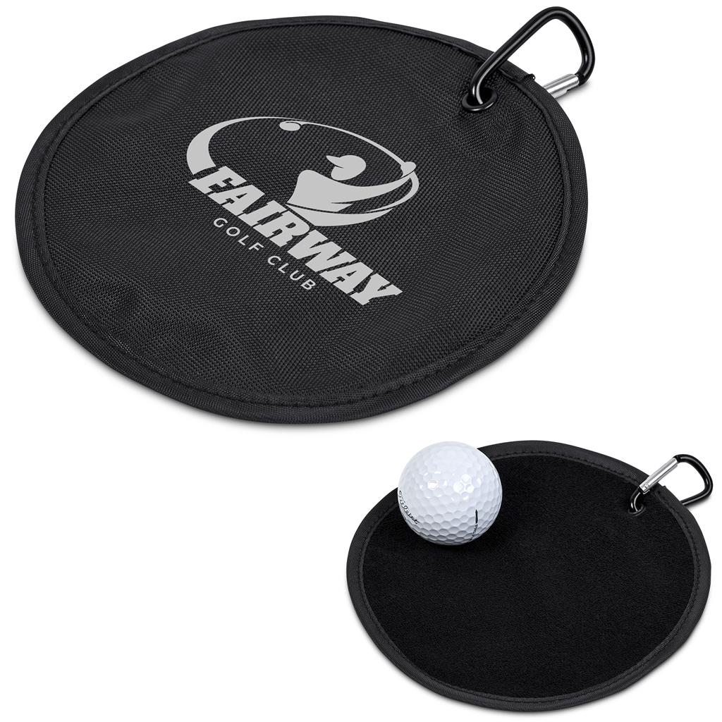 Black golf practice mat with 'Fairway Golf Club' logo and a golf ball on a white background

