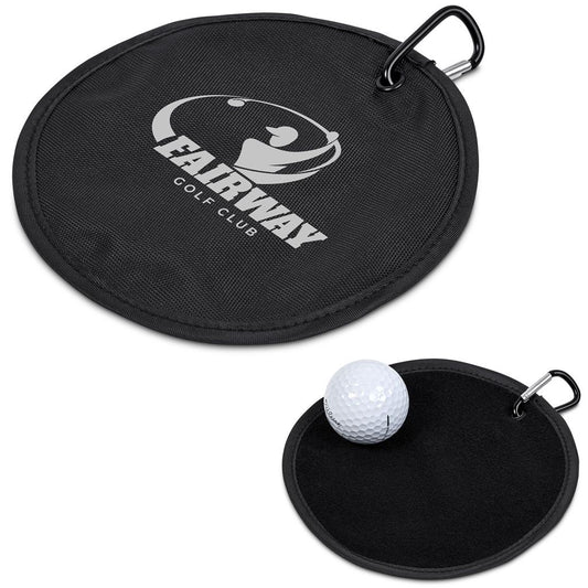 Black golf practice mat with 'Fairway Golf Club' logo and a golf ball on a white background

