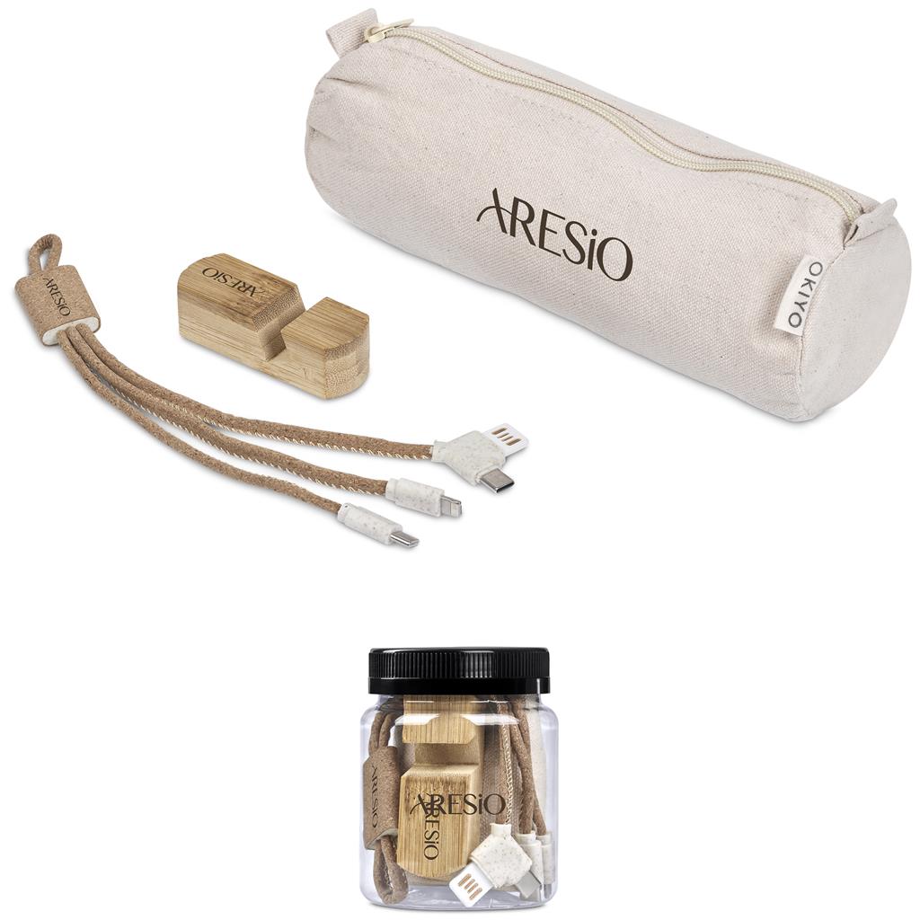 Aresio product set including a cylindrical pouch, cable, and jar on a white background

