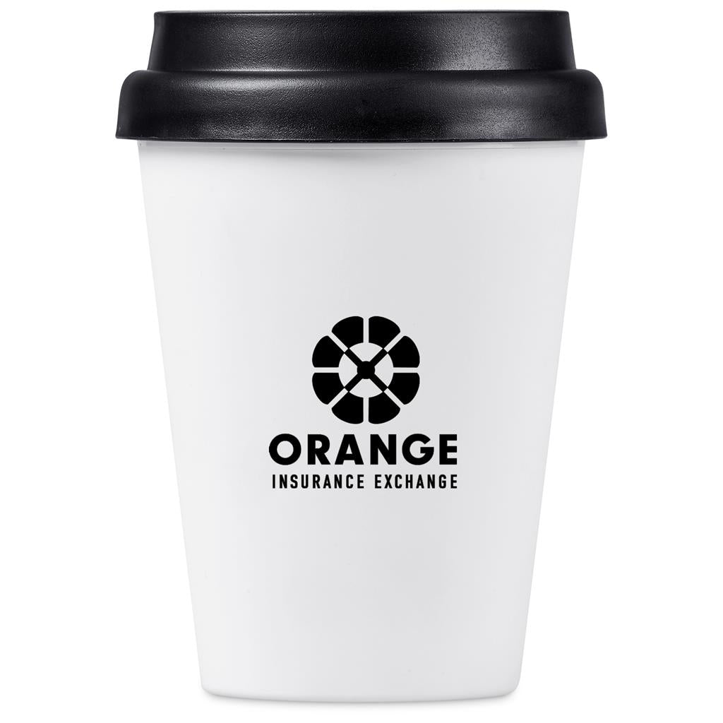 White coffee cup with black lid featuring 'Orange Insurance Exchange' logo on a white background

