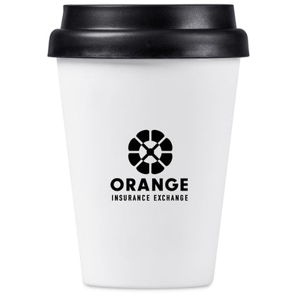 White coffee cup with black lid featuring 'Orange Insurance Exchange' logo on a white background


