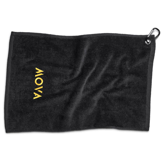 Black towel with yellow 'NOVA' logo on a white background

