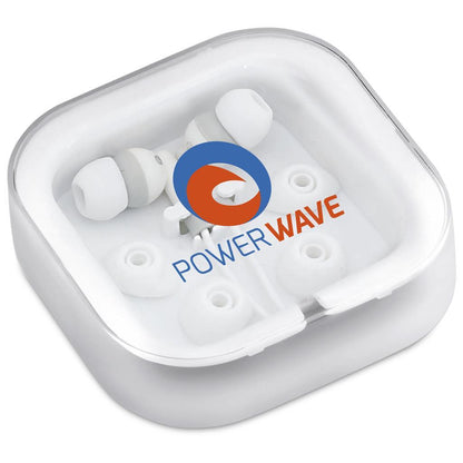 White wireless earbuds in a charging case with PowerWave logo on a white background

