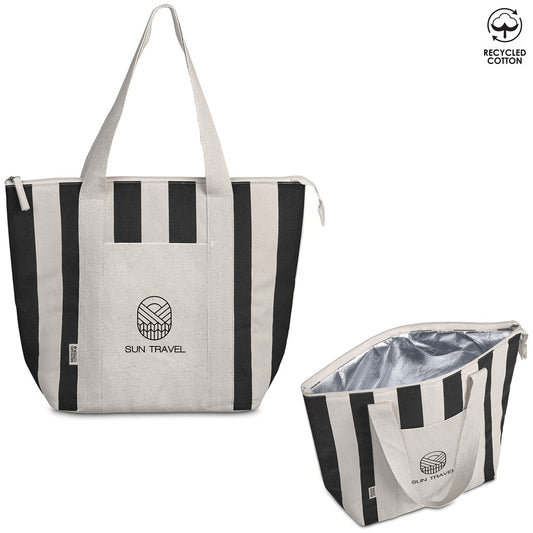 A striped canvas tote bag by Sun Travel, shown in two views: a closed view on the left and an open view on the right. The bag features black and off-white vertical stripes, a front pocket with the 'SUN TRAVEL' logo, and a silver-lined interior.

