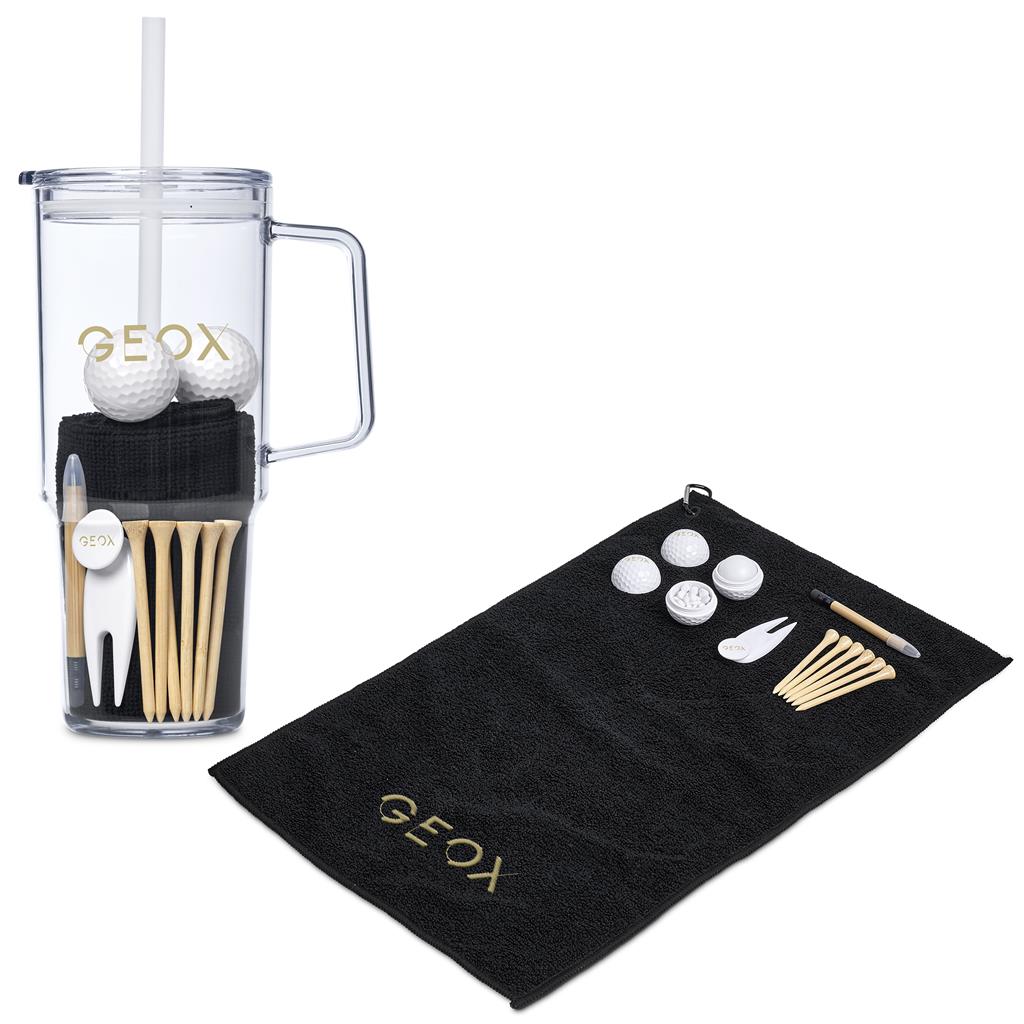 Golf-themed tumbler with golf balls, club, towel, and tees on a white background

