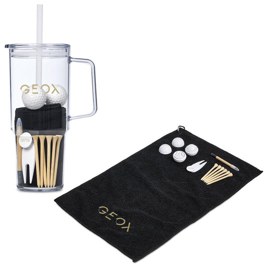 Golf-themed tumbler with golf balls, club, towel, and tees on a white background

