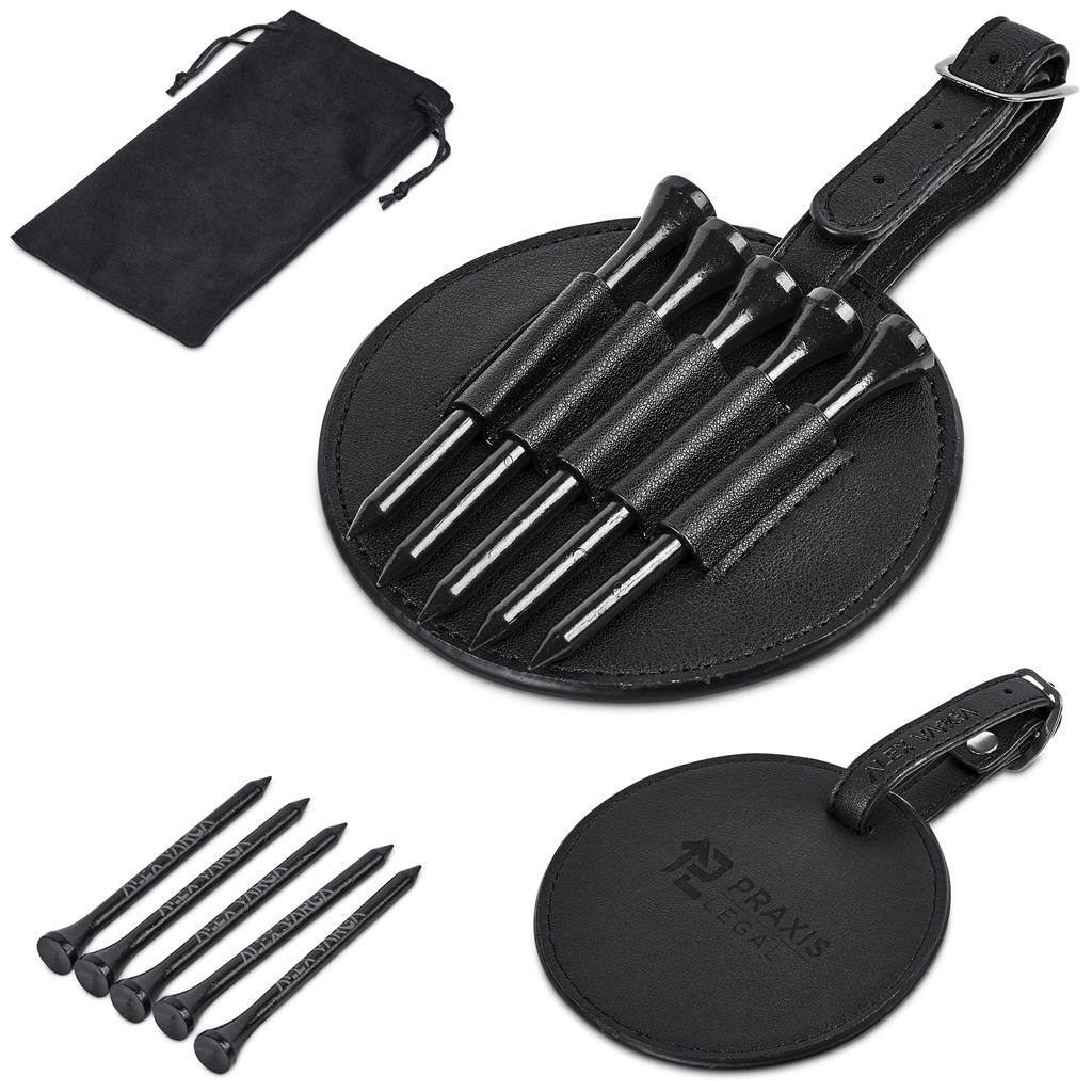 Black metal tools with leather case and bag on a white background

