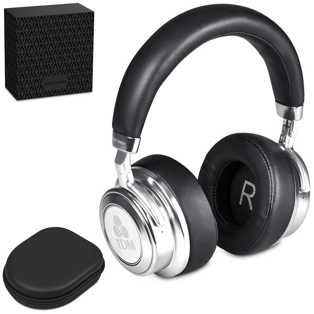 Black over-ear headphones with TDM branding, including a carrying case on a white background.

