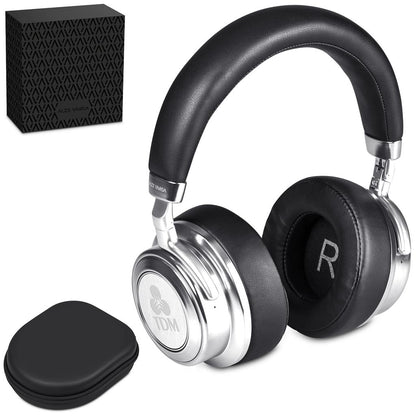 Black over-ear headphones with TDM branding, including a carrying case on a white background.

