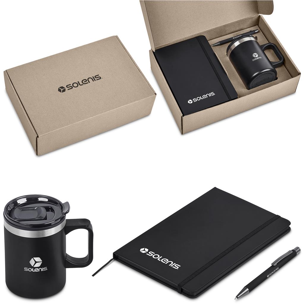 Solenis branded mug, notebook, and pen set in a box on a white background

