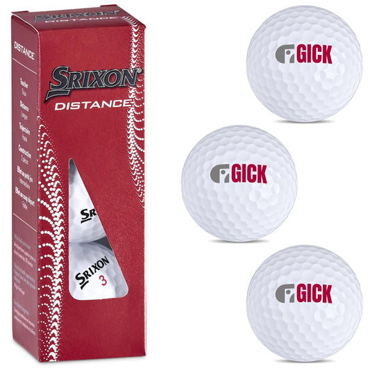 Golf balls with Srixon and Gick branding on a white background

