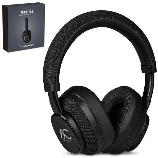 Black headphones with 'MC' logo and packaging on a white background

