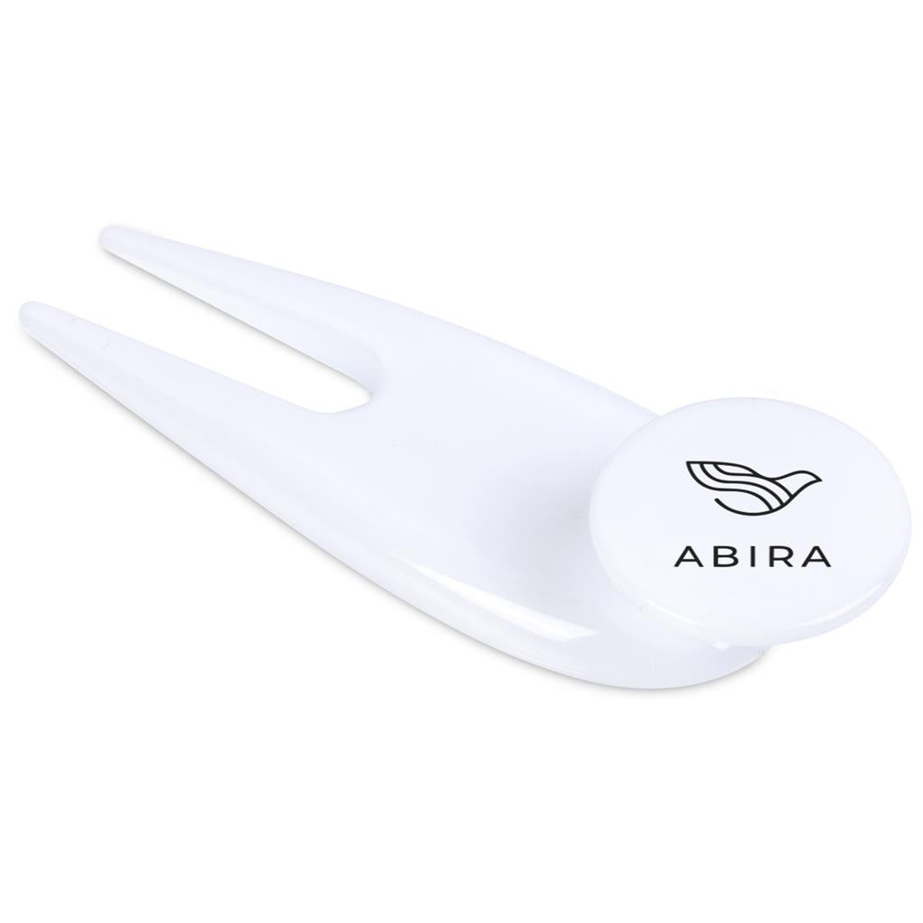 White plastic divot tool with 'ABIRA' branding on a white background

