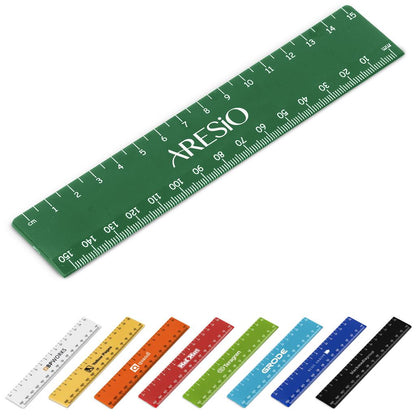 Green ruler with 'Aresio' branding on a white background, accompanied by six other rulers in different colors.

