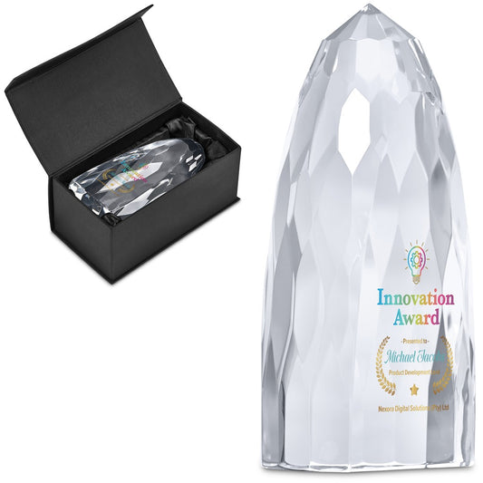 A faceted clear crystal award trophy shown beside an open black presentation box containing a matching wrapped award, on a plain white background.

