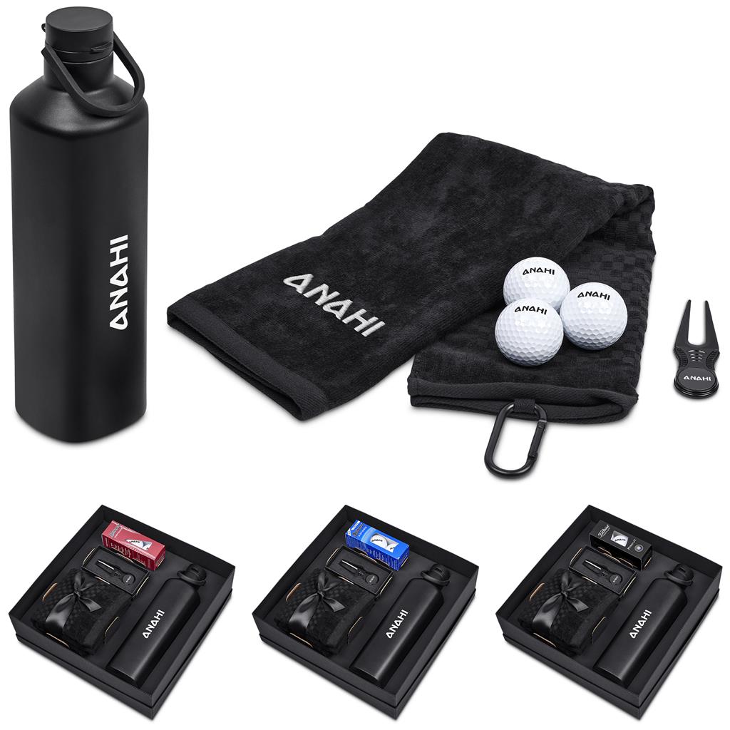 Collection of Anahi branded items including a water bottle, towel, golf balls, divot tool, and grooming kits on a white background.

