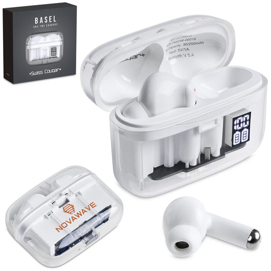 White wireless earbuds with charging case and 'Novawave' branding on a white background.

