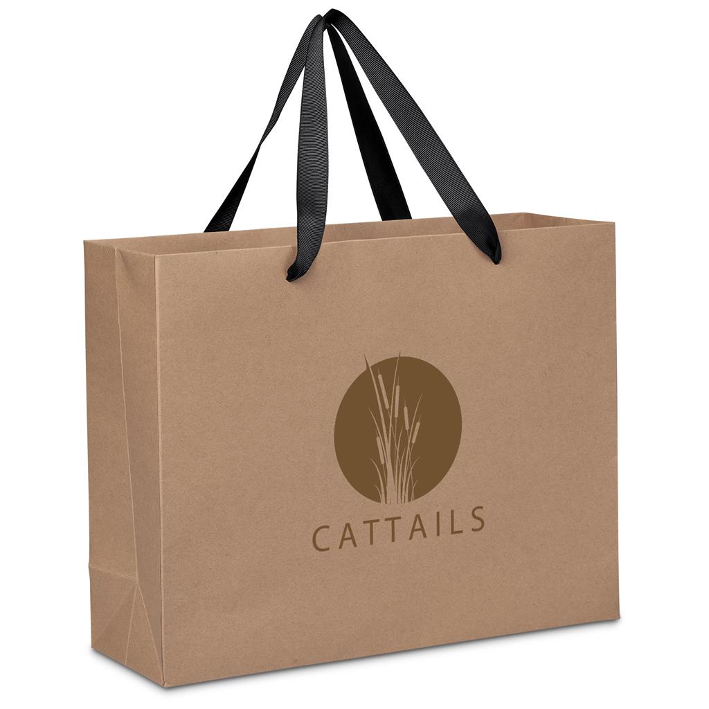Brown paper bag with black handles and 'Cattails' logo on a white background

