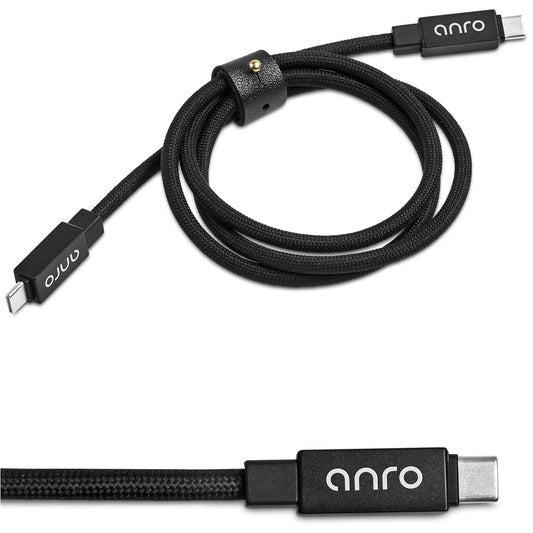 Black braided USB-C to USB-C cable with a black leather loop, shown coiled on a white background with a close-up of one end displaying the 'anro' brand logo.

