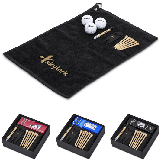 Golf accessories including golf balls, tees, and towel with Skylark branding on a white background

