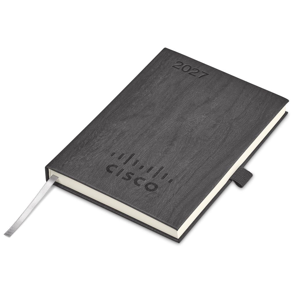A black hardcover 2027 planner with an embossed Cisco logo and a white ribbon bookmark, shown on a white background.

