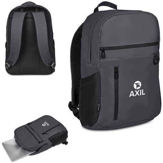 A dark gray backpack shown from multiple angles on a white background, including a front view, a back view, and a side view with a laptop tucked into the side pocket.

