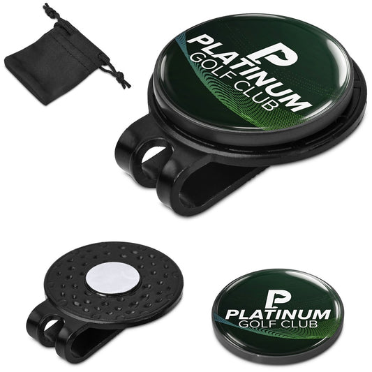 A black golf ball clip with a round dark green and white 'Platinum Golf Club' branded top, shown alongside a small black drawstring pouch and a close-up of the magnetic clip surface. The product is photographed on a clean white background.

