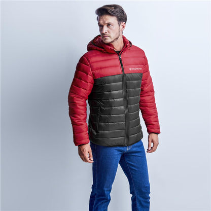 Man wearing a red and black puffer jacket with a visible brand logo on a light gray background

