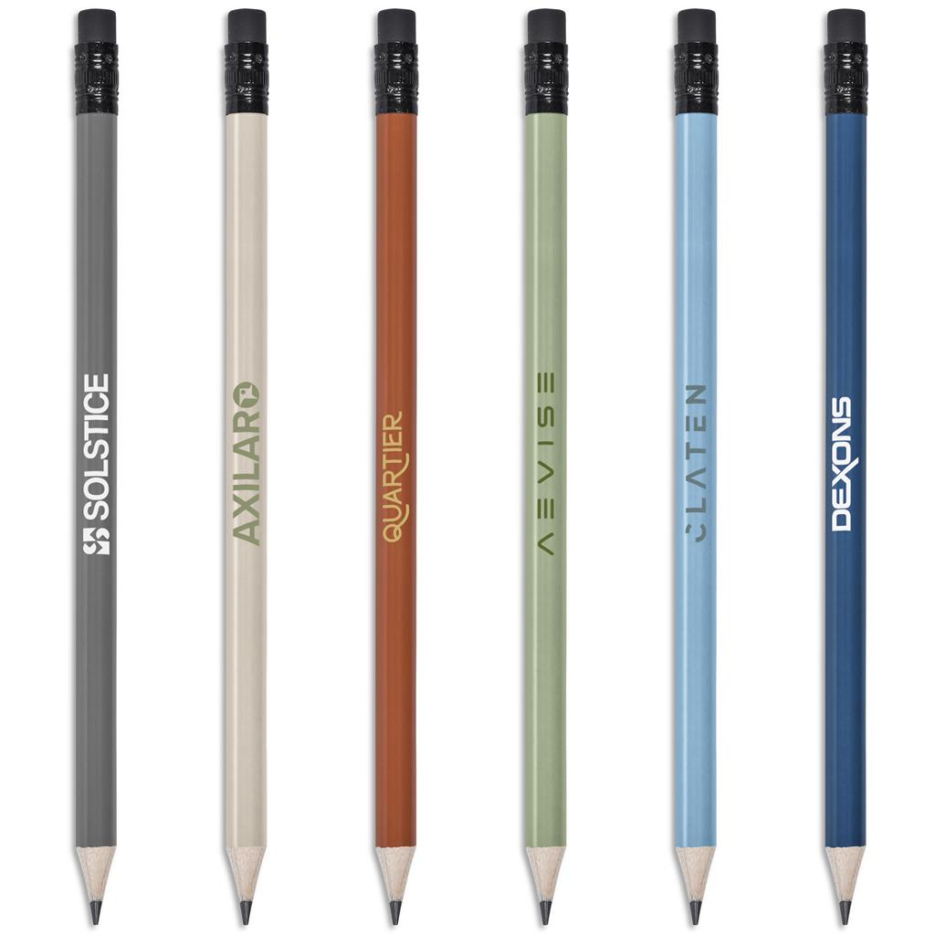 Set of six branded pencils on a white background

