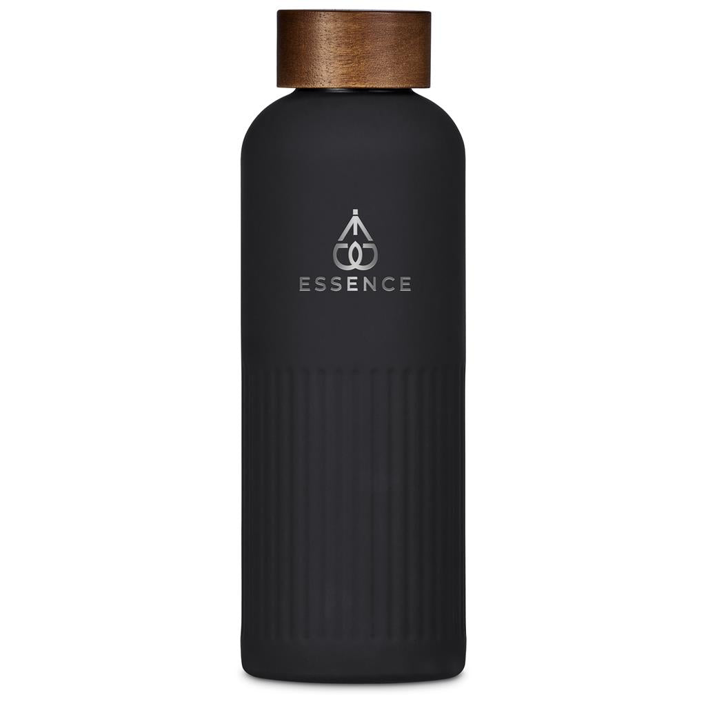 Black water bottle with wooden cap on a white background

