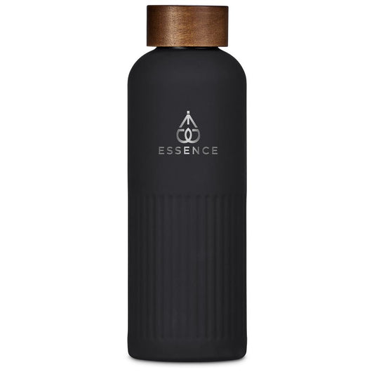 Black water bottle with wooden cap on a white background

