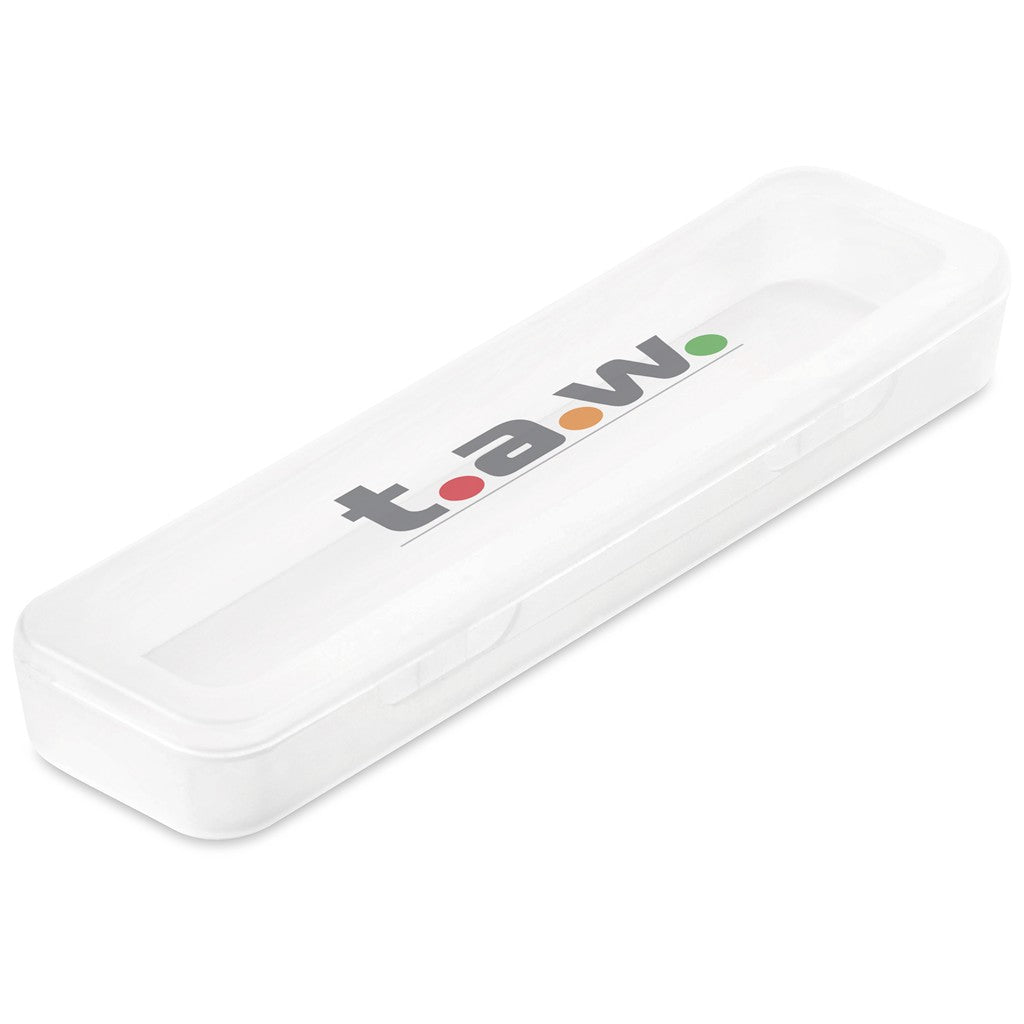 A white translucent plastic storage container with a lid, featuring the brand name 'ta.w' printed on the lid in gray with red, orange, and green dots.

