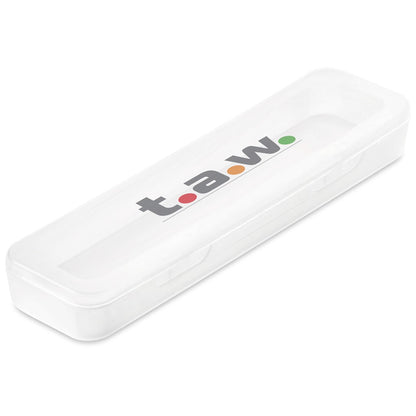 A white translucent plastic storage container with a lid, featuring the brand name 'ta.w' printed on the lid in gray with red, orange, and green dots.

