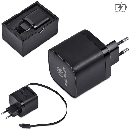 Black charging adapter with USB-C cable and packaging on a white background

