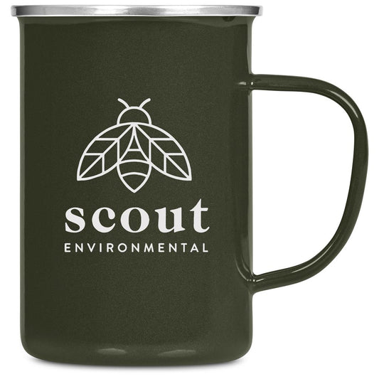 Dark green mug with 'Scout Environmental' logo on a white background


