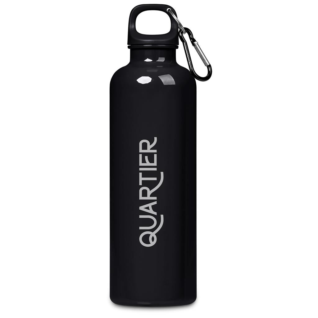Black water bottle with 'QUARTIER' logo and carabiner on a white background

