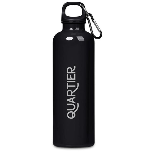 Black water bottle with 'QUARTIER' logo and carabiner on a white background

