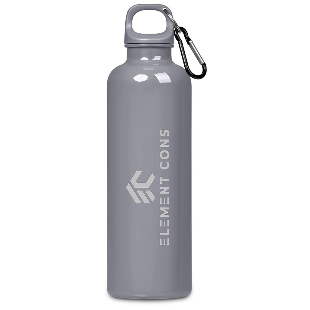 Gray water bottle with carabiner and 'Element Cons' branding on a white background

