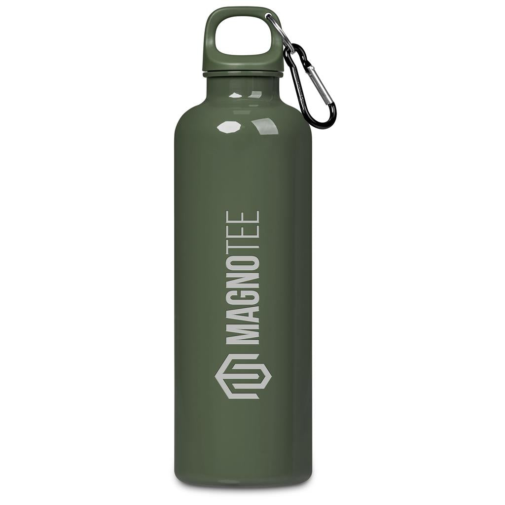Green water bottle with carabiner on a white background

