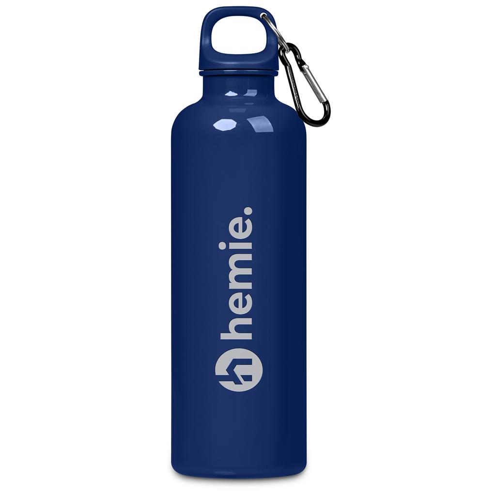 Blue water bottle with carabiner and 'hemic' logo on a white background

